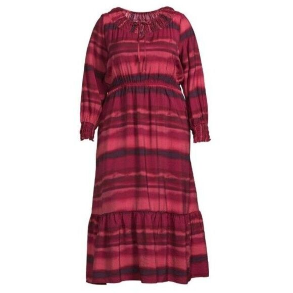 TERRA & SKY Peasant Tiered Long Sleeve Maxi Dress Plus 3X Washy Stripe Rose NWT - Picture 1 of 12